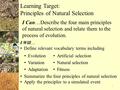 Learning Target: Principles of Natural Selection I Can…Describe the four main principles of natural selection and relate them to the process of evolution.