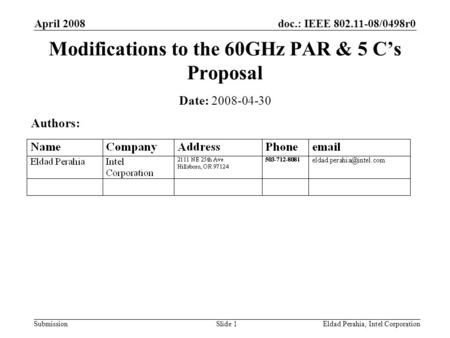 Doc.: IEEE 802.11-08/0498r0 Submission April 2008 Eldad Perahia, Intel CorporationSlide 1 Modifications to the 60GHz PAR & 5 C’s Proposal Date: 2008-04-30.