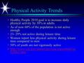 Physical Activity Trends ä Healthy People 2010 goal is to increase daily physical activity by 30% in adults. ä As of now 60% of the population is not active.