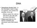 DNA Deoxyribose Nucleic Acid – is the information code to make an organism and controls the activities of the cell. –Mitosis copies this code so that all.