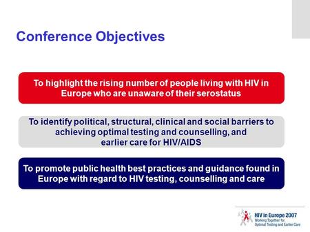 Conference Objectives To highlight the rising number of people living with HIV in Europe who are unaware of their serostatus To identify political, structural,