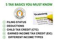 5 TAX BASICS YOU MUST KNOW ① FILING STATUS ② DEDUCTIONS ③ CHILD TAX CREDIT (CTC) ④ EARNED INCOME TAX CREDIT (EIC) ⑤ DIFFERENT INCOME TYPES.