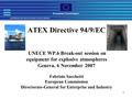 ENTERPRISE AND INDUSTRY DIRECTORATE GENERAL European Commission 1 ATEX Directive 94/9/EC UNECE WP.6 Break-out session on equipment for explosive atmospheres.
