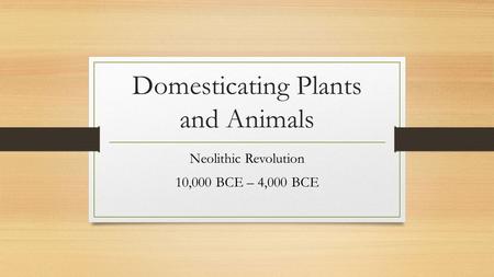 Domesticating Plants and Animals Neolithic Revolution 10,000 BCE – 4,000 BCE.