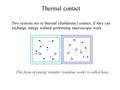 Thermal contact Two systems are in thermal (diathermic) contact, if they can exchange energy without performing macroscopic work. This form of energy.