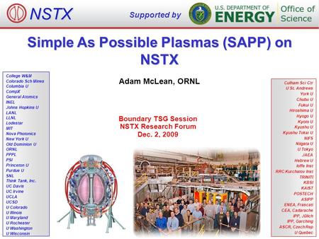 Simple As Possible Plasmas (SAPP) on NSTX Adam McLean, ORNL Boundary TSG Session NSTX Research Forum Dec. 2, 2009 NSTX Supported by College W&M Colorado.