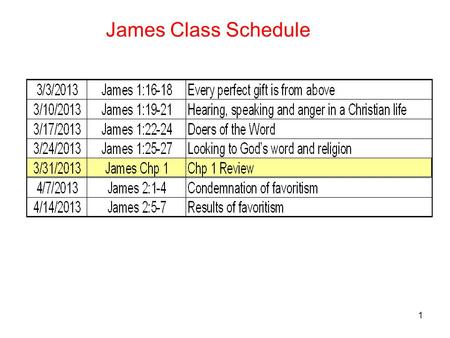 1 James Class Schedule. 2 Greetings and Intro to testing of your Faith 1 James, a bond-servant of God and of the Lord Jesus Christ, to the twelve tribes.