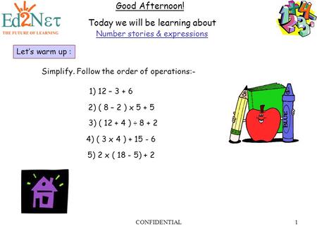 CONFIDENTIAL1 Good Afternoon! Today we will be learning about Number stories & expressions Let’s warm up : Simplify. Follow the order of operations:- 1)