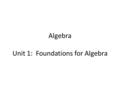 Algebra Unit 1: Foundations for Algebra. Write an algebraic expression for the product of 9 and a number, n less than 18.