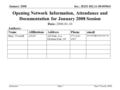 Doc.: IEEE 802.11-08/0058r0 Submission January 2008 Harry Worstell, AT&TSlide 1 Opening Network Information, Attendance and Documentation for January 2008.