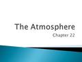 Chapter 22.  Atmosphere – layer of gases that surrounds Earth.  Composition ◦ Most abundant elements in air are Nitrogen, Oxygen, and Argon  Nitrogen.