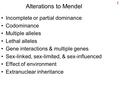Alterations to Mendel Incomplete or partial dominance Codominance