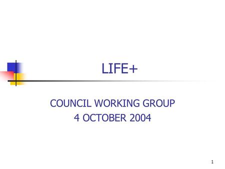 1 LIFE+ COUNCIL WORKING GROUP 4 OCTOBER 2004. 2 Discussion Points 1. LIFE+ in Context: Environment funding under the 2007-2013 Financial Perspectives.
