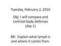 Tuesday, February 2, 2010 Obj: I will compare and contrast body defenses (day 1) BR: Explain what lymph is and where it comes from.