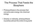 The Process That Feeds the Biosphere Photosynthesis is the process that converts solar energy into chemical energy Directly or indirectly, photosynthesis.