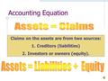 Accounting Equation Claims on the assets are from two sources: 1.Creditors (liabilities) 2.Investors or owners (equity).