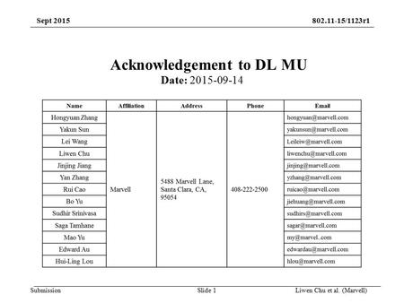 Submission 802.11-15/1123r1Sept 2015 Slide 1Liwen Chu et al. (Marvell) Acknowledgement to DL MU Date: 2015-09-14.