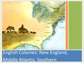 English Colonies: New England, Middle Atlantic, Southern.