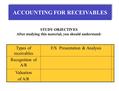 ACCOUNTING FOR RECEIVABLES STUDY OBJECTIVES After studying this material, you should understand: Types of receivables F/S Presentation & Analysis Recognition.