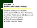 Chapter 14 Politics and the Economy Political Institutions and the State Who Governs? Models of U.S. Democracy Individual Participation in U.S. Government.
