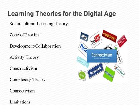 Learning Theories for the Digital Age Socio-cultural Learning Theory Zone of Proximal Development/Collaboration Activity Theory Constructivism Complexity.