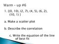 1. {(0, 10), (2, 7), (4, 5), (6, 2), (10, 1) } a. Make a scatter plot b. Describe the correlation c. Write the equation of the line of best fit.