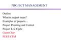 PROJECT MANAGEMENT Outline What is project mean? Examples of projects… Project Planning and Control Project Life Cycle Gantt Chart PERT/CPM.