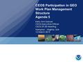 CEOS Participation in GEO Work Plan Management Structure Agenda 5 Kerry Ann Sawyer CEOS Executive Officer CEOS SIT-28 Meeting Hampton, Virginia, USA 12.