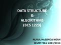 DATA STRUCTURE & ALGORITHMS (BCS 1223) NURUL HASLINDA NGAH SEMESTER 2 2013/2014.