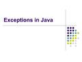 Exceptions in Java. Exceptions An exception is an object describing an unusual or erroneous situation Exceptions are thrown by a program, and may be caught.