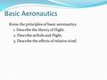 Basic Aeronautics Know the principles of basic aeronautics. 1. Describe the theory of flight. 2. Describe airfoils and flight. 3. Describe the effects.
