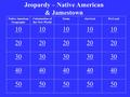 Jeopardy – Native American & Jamestown Native American Geography Colonization of the New World TermsSurvivalPot Luck 10 20 30 40 50.
