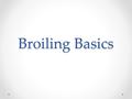 Broiling Basics. Broiling Done in the oven Heat source is above food 400° or above Food is place on a pre-hated broiler pan or baking sheet Placed 2 –
