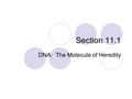 Section 11.1 DNA: The Molecule of Heredity. Within the structure of DNA, is the complete instructions for manufacturing all the proteins for an organism.