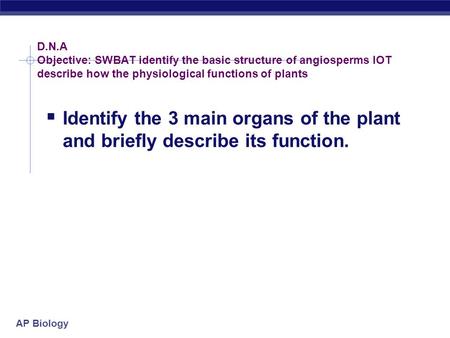 AP Biology D.N.A Objective: SWBAT identify the basic structure of angiosperms IOT describe how the physiological functions of plants  Identify the 3.