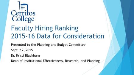 Faculty Hiring Ranking 2015-16 Data for Consideration Presented to the Planning and Budget Committee Sept. 17, 2015 Dr. Kristi Blackburn Dean of Institutional.