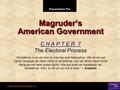 Presentation Pro © 2001 by Prentice Hall, Inc. Magruder’s American Government C H A P T E R 7 The Electoral Process “Excellence is an art won by training.