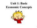 Unit 1: Basic Economic Concepts 1. Society has unlimited wants but unlimited resources The Economizing Problem… Scarcity WE HAVE A PROBLEM!! 2.