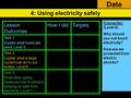 4: Using electricity safely Date Lesson Outcomes How I didTargets Task 1: Explain what fuses are used. Level 5 Task 2: Explain what a large current can.