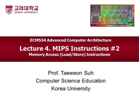 Lecture 4. MIPS Instructions #2 Memory Access (Load/Store) Instructions Prof. Taeweon Suh Computer Science Education Korea University ECM534 Advanced Computer.