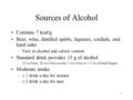 1 Sources of Alcohol Contains 7 kcal/g Beer, wine, distilled spirits, liqueurs, cordials, and hard cider –Vary in alcohol and caloric content Standard.
