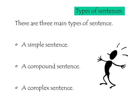 Types of sentences There are three main types of sentence. A simple sentence. A compound sentence. A complex sentence.