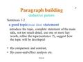 B.Kosel Paragraph building deductive pattern Sentences 1-2 a good topic (main idea) statement introduce the topic, complete statement of the main idea,