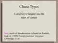Clause Types A descriptive tangent into the types of clauses Note: much of this discussion is based on Radford, Andrew (1989) Transformational Grammar.
