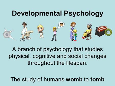 Developmental Psychology A branch of psychology that studies physical, cognitive and social changes throughout the lifespan. The study of humans womb to.