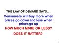 HOW MUCH MORE OR LESS? DOES IT MATTER? THE LAW OF DEMAND SAYS... Consumers will buy more when prices go down and less when prices go up 1.