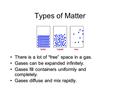 Types of Matter There is a lot of “free” space in a gas.There is a lot of “free” space in a gas. Gases can be expanded infinitely.Gases can be expanded.