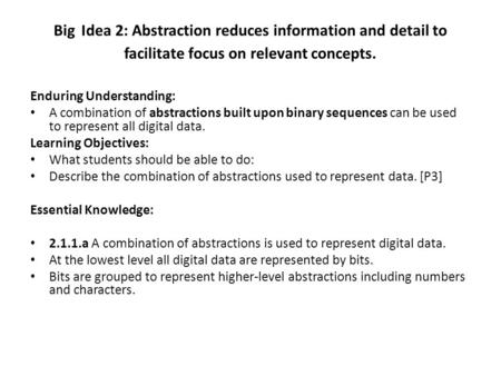Big Idea 2: Abstraction reduces information and detail to facilitate focus on relevant concepts. Enduring Understanding: A combination of abstractions.