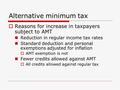 Alternative minimum tax  Reasons for increase in taxpayers subject to AMT Reduction in regular income tax rates Standard deduction and personal exemptions.