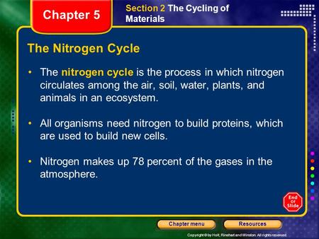 Copyright © by Holt, Rinehart and Winston. All rights reserved. ResourcesChapter menu The Nitrogen Cycle The nitrogen cycle is the process in which nitrogen.